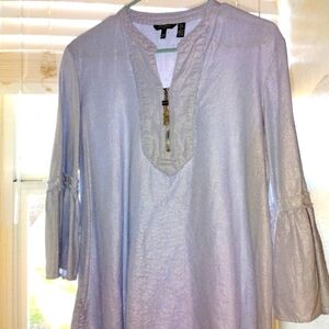 Women's Ellen Tracy Light Blue Linen Bell Sleeve Silver Zipper Tunic Size L
